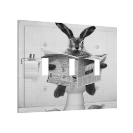 Spshian Funny Cute Grey Black Rabbit Reading Newspaper 3 Gang Light Switch Covers Decorative Triple Toggle Wall Plate Rustic Vintage Western Animals 3 Hole Electrical Device Switchplate for Bathroom