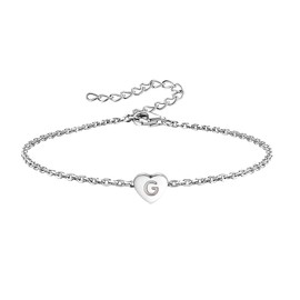 KunBead Jewelry Silver Initial G Letter Bracelet Love Heart Charm Stainless Steel Birthday Jewellery Gift Bracelets for Women