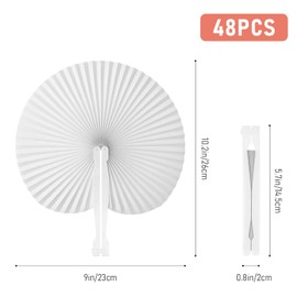 48 Pieces White Party Paper Fans Decorations Folding Fan Handheld Fan Round Shaped Paper Fans with Handle Hand Fans for Wedding Birthday Party Favors