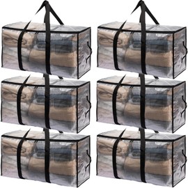 6-Packs Extra Large Heavy Duty Moving Bags, Waterproof Storage Totes with Handles & Zippers Storage Bags Totes for Clothes Packing, Dorms, College Supplies, Space Saving, Clear