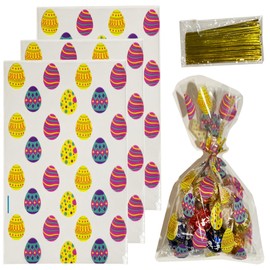 BASHOUT 100 Easter Cellophane Treat Bags, Colorful Egg Pattern, Ties are Included, Clear Bags Perfect for Candy, Colorful Easter Baggies