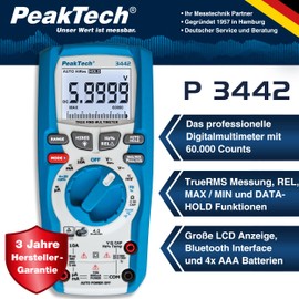 PeakTech True RMS Digital Multimeter for Electricians with 60000 Counts, Professional Hand Multimeter for Electric Lines, TÜV/GS, Voltage Meter, Continuity Tester - CAT III 1000V