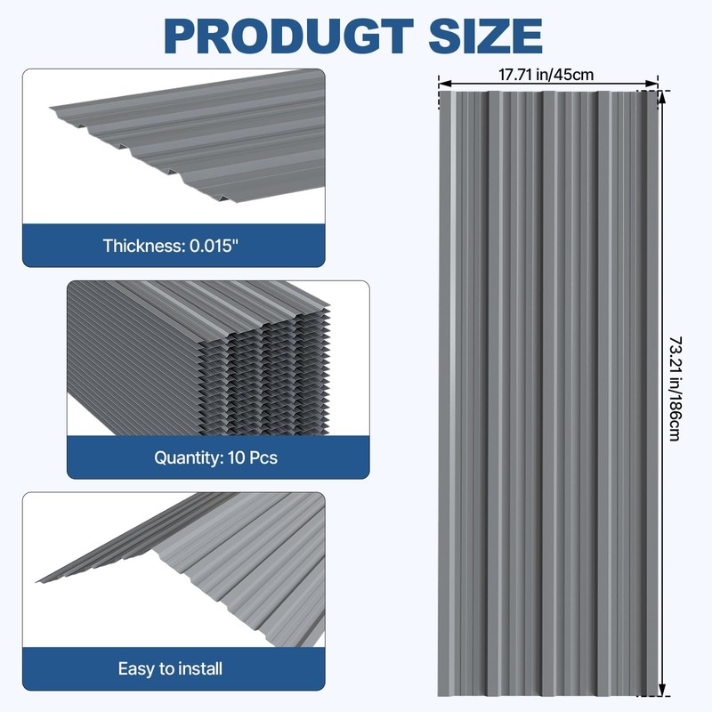Noliven 10 Pack Corrugated Metal Roofing Panels, 6.1 ft