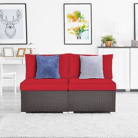 RELAX4LIFE 2-Piece Rattan Armless Sofa - Patio Wicker Sectional Conversation Sofa Set with Removable Cushions, Heavy-Duty Steel Frame, Outdoor Furniture Set for Garden, Backyard, Poolside (Red)