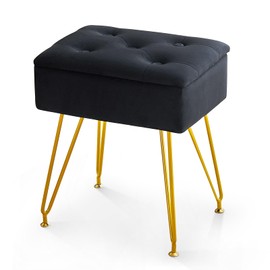 ALeesing Vanity Stool Chair with Storage, Square Velvet Makeup Vanity Chair with Metal Legs & Adjustable Gold Feet, Flip Top Ottoman Foot Rest with Soft Padded Seat for Bedroom Living Room, Black