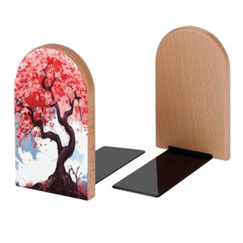 Buyidec Book Ends Cherry Tree Blossom Wood Bookends for Shelves to Hold Books Heavy Duty Non-Skid Book Stoppers Wood Decorative Home Office School