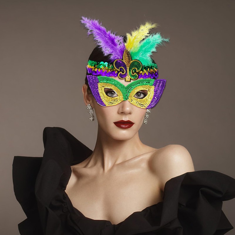 2 Pieces Sequin Feather Hairbands, 2 Pieces Masks, Creative Color