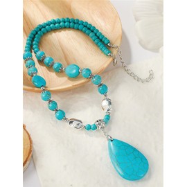 3 Pieces Bohemian Turquoise Set Turquoise Beads Pendant Necklace Vintage Turquoise Dangle Earrings, Stretchable Turquoise Bracelet for Women Statement Boho Ethnic Western Jewelry Set, Metal, Turquoise