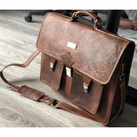 HULSH Leather Briefcase for Men 18 Inch | Vintage Large Messenger Bag | Brown Laptop Bag with Rustic Look