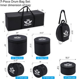 Drum Bags Set 7-pcs, Drum Cases Carrying Bag Padded Including 10" Tom Bag, 12" Tom Bag, 14" Snare Drum Bag, 16" Floor Tom Bag, 22'' * 18'' Bass Drum Case, 22" Cymbal Bag, Drum Hardware Bag (Fusion 16)