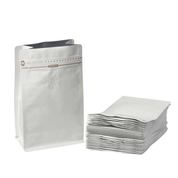 White Kraft Coffee Bags with Side Gusset, Resealable Stand-Up Coffee
