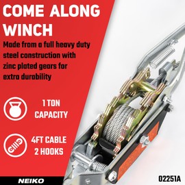 NEIKO 02251A Come Along Winch, 1-Ton (2,000 lbs) Pulling Capacity, 5.9Ft, 2 hook, Heavy Duty Power Cable Come Along Tool with Dual Gears, Hand Winch Cable, Automotive Hoist Winch Puller, Recovery Gear