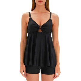 Jollkichay Tankini Swimsuits for Women 2025 Two Piece Bathing Suits with Boyshorts Swimwear Tummy Control Swimsuit Modest 2 Piece Swim Suits Slimming Womens Tankini Set Solid Black M