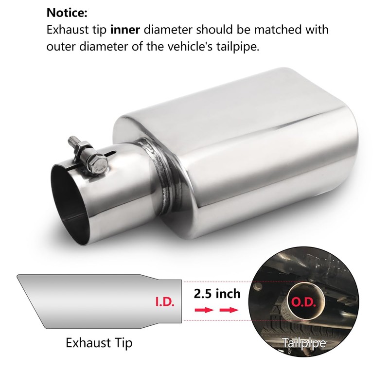 A-KARCK Rectangle Exhaust Tip 2.5" Inlet, Polished Square Exhaust Tailpipe