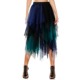Women's Tulle Skirt A-Line High Low Asymmetrical 3 Layered Midi Length Elastic Waist Tutu Skirts (Black Green)