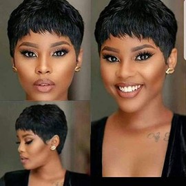 Fereowth Short Real Hair Wigs for Women Short Pixie Cut Wigs Human Hair Wig Real Hair Wig Women's Short Straight Pixie Wigs Black