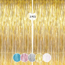 2 Pack Metallic Tinsel Foil Fringe Curtains, Photo Booth Backdrop Hanging Door Streamers for Birthday Party Decorations, 3.2Ft x 6.56Ft (Glod)