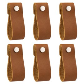6PCS Brown Leather Drawer Pulls, Leather Dresser Knobs Handmade Pure Leather Handles for Kitchen Cabinet Drawers Bathroom Dressers