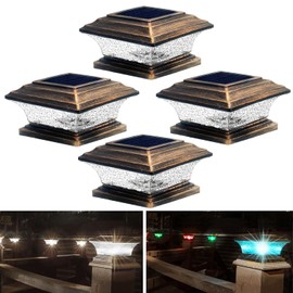 HUYIENO Solar Post Cap Lights Outdoor LED Lighting Deck Fence Cap Light 9 Light Modes Bright White/7 Color Fixed Modes/7 Color Cycling Mode Suitable for 4x4 5x5 Wooden Posts Brushed Copper 4pk