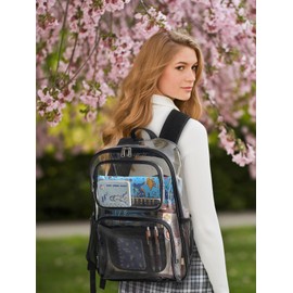 Flowston Clear Backpack for School, Large TPU Clear Bookbag for Women Men Boys Girls, See Through Transparent Heavy Duty Backpacks with Multiple Pockets for College Work Travel Security,Black