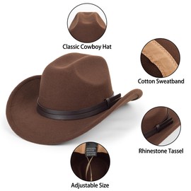 Western Cowboy-Hat Classic Roll-up Cowgirl Hat for Men-Women Felt-Fedora with PU Band Belt Jazz-Hats Brown