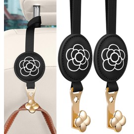 Akkya Car Headrest Hooks Holder Hanger For Purse Bags Grocery, Cute Universal Black Car Seat Metal Hooks Clips Head Rest Organizer 2 Pack for Women Girls Flower