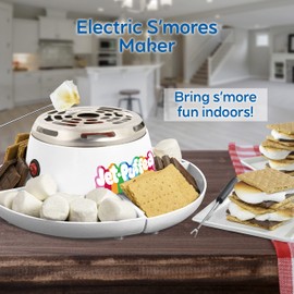 Nostalgia Jet-Puffed Tabletop Indoor Electric S'mores Maker - Smores Kit With Marshmallow Roasting Sticks and 4 Compartment Trays for Graham Crackers, Chocolate, Marshmallows - White
