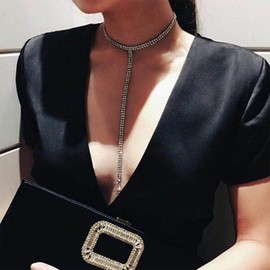 Inilbran Boho Rhinestone Y Necklace Choker Crystal Rhinestone Chain Necklace Vintage Rhinestone Necklaces Chain Silver CZ Tassel Chain Necklace Jewellery for Women and Girls