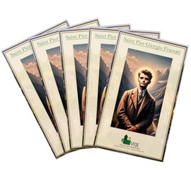 5 Pack of Saint Pier Giorgio Frassati Holy Cards with Prayer on Back | 5" x 3" | Patron Saint of Young Adults, Students, and Mountaineers | Great Catholic Gift for Confirmation