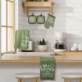 Sratte 6 Pcs Farmhouse Kitchen Towels Pot Holders Oven Mitts Set 2 Dish Towels 2 Potholders 2 Cooking Mittens Oven Glove for Baking Cooking Grilling Supply (Green)