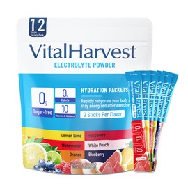 VitalHarvest 12 Sticks Electrolytes Powder Packets 6 Flavors Sugar Free Hydration Packets Electrolyte Liquid Daily IV Drink Mix with Lemon Lime, Watermelon, Orange, Raspberry, White Peach, Blueberry