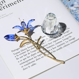 Crystal Tiger Lily Flowers with Vase Metal Stem Blue Lily Flower Collectible Gifts for Women, Glass Lilium Floral Figurines for Home Anniversary Party Decor