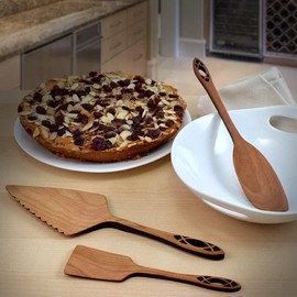 American Made 3-Piece Wild Cherry Wooden Dessert Utensil Set, Cathedral Collection: Pie Server, Paddle, Brownie Spatula