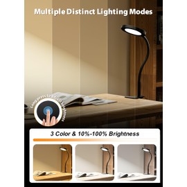 Clip on Light 0%-100% Infinite Dimmable Reading Lights for Books in Bed Headboard, 450LM Touch Control Clip Reading Lamp, Eye Care 3 Color Temperature Flexible Gooseneck for Bedside Night Light Black