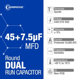 45+7.5uF 45/7.5 MFD ±5% 370/440VAC Dual Run Round AC Capacitor for A/C Motor Run, Fan Start, Condenser Run Capacitors, Heat Pump Air Conditioner Capacitor