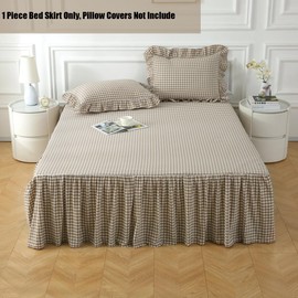 Silnuo Taupe/White Plaid Bed Skirt Washed Cotton Shabby Gingham Checkered Dust Ruffle King Size 14" Bedding(1 Bed Skirt Only)