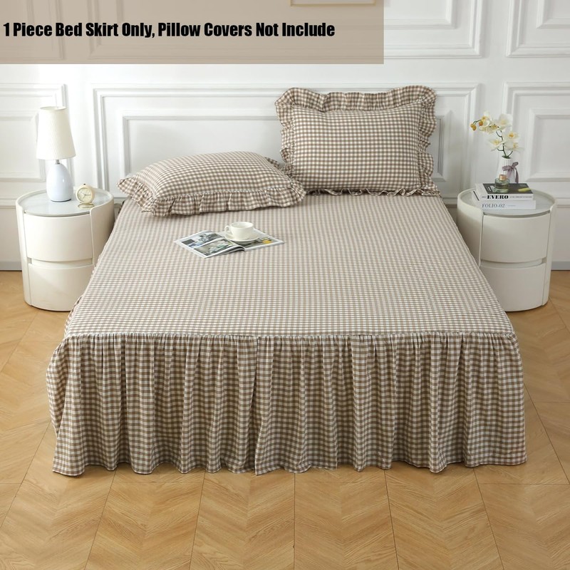 Silnuo Taupe/White Plaid Bed Skirt Washed Cotton Shabby Gingham Checkered