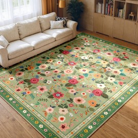 meejou 8x10 Area Rugs for Living Room Vacuum-Friendly Machine Washable Area Rug Flower Floral Printed Pattern Low Pile Non-Slip Carpet for Bedroom Hallway Entryway, Light Green