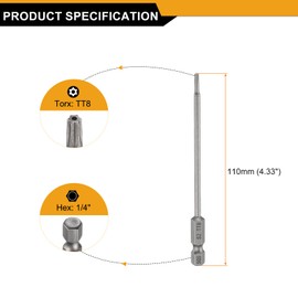 HARFINGTON 3pcs TT8 Security Torx Head Screwdriver Bit 4.33" (110mm) Long 1/4" Hex Shank Magnetic Tamper Proof 6 Point Star Screw Driver Drill Bits S2 Steel Hole Tip Industrial Power Tools