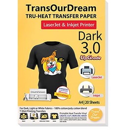 TransOurDream Tru-Transfer Paper Upgraded 3.0 20 Sheets A4 for Inkjet&Laser Printer Iron On Heat Transfer Paper for Dark Fabric Transfer Paper for Black T-Shirts Printable Vinyl(Trans-03-20)