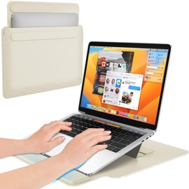 AboveTEK 2-in-1 Laptop Sleeve Case with Stand for 13-14 inch Laptops, Lightweight Leather Sleeve Bag with Ergonomic Wrist Cushion & Adjustable Angles, Protective Bag for MacBook (Beige)
