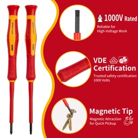 XOOL 1000V Insulated Precision Electrician Screwdrivers Set 6PCS with Slotted and Phillips Magnetic Tip for Electrician Repair