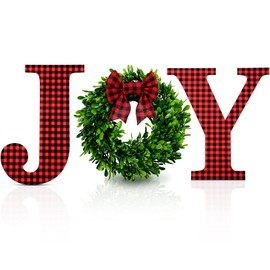 12 Inch Christmas Joy Home Sign Wooden Joy Letter Sign Wall Decor Buffalo Plaid Wall Hanging Letter Faux Green Farmhouse Wreath Large Joy Sign with Plaid Bow for Indoor Outdoor Decor (Red-Black)