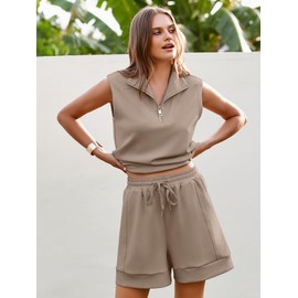 Glamaker Women's Two Piece Travel Short Sets Summer Lounge Track Suits Sleeveless Comfy Outfit Sweatsuits(Coffee Grey,Small)