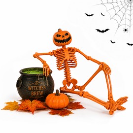 40CM Halloween Pumpkin Skeleton Posable Skeleton Ornament with Movable Posable Joints for Halloween Decorations Home Decor Indoor or Outdoor Garden Haunted Houses Graveyard Decoration A8NGTGJ