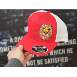 Red and White Trucker Hat, Highland Cow Hat, Flexfit Mesh Cap, Kids and Adults, Christmas