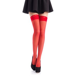 Romartex Garter-less Stockings, 20 Denier Elastane Stockings with Narrow Lace waistband (4 - 6 cm), red, xxl