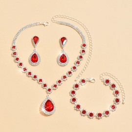 Unicra Bridal Wedding Jewelry Set Silver Rhinestone Necklace Earrings Bracelet Sets Formal Costume Jewelry for Women and Brides (Red)