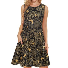 elescat Black Dresses for Women Casual Summer Sleeveless Tank Scoop Neck Loose Cotton Sundress with Pockets(Black Golden Butterflies, L)