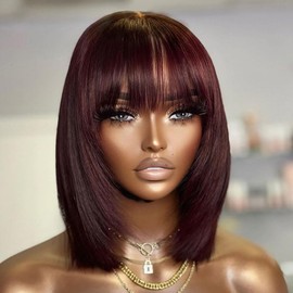 QTIKER Stylish Burgundy Bob Wig with Bang Layered Human Hair 13x4 Frontal Lace Colored Bob Wigs Transparent Lace Short Style Wig (13X4 Burgundy Bob, 14 INCH)